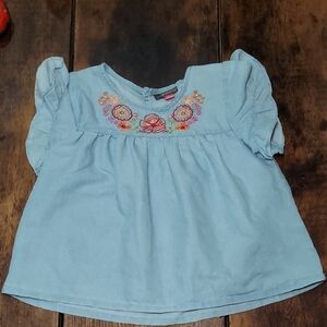 Little Girls Denim Chambray Floral Embroidered Ruffled Sleeve Summer Top
